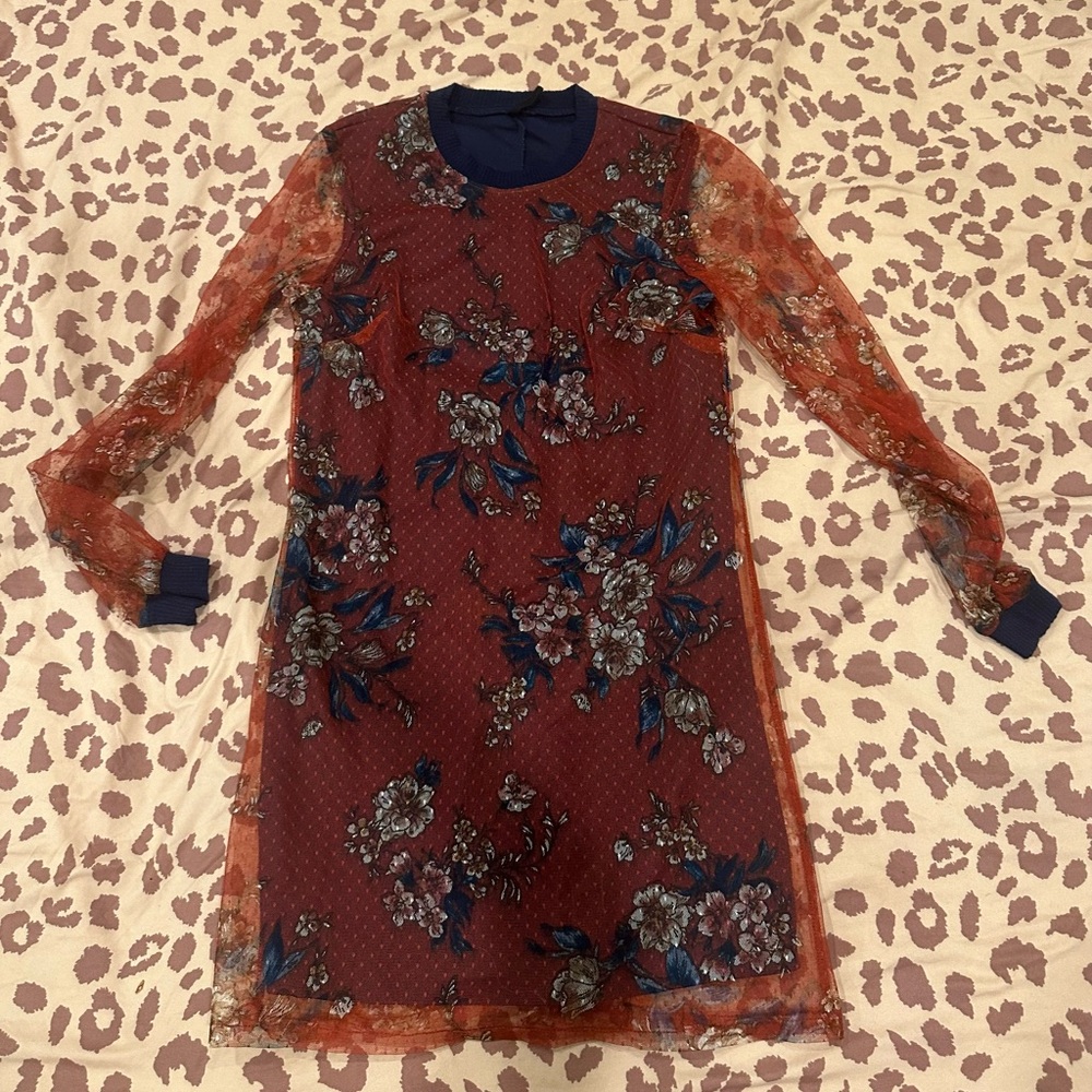 Long sleeve mesh burgundy and navy dress - Picture 12 of 14